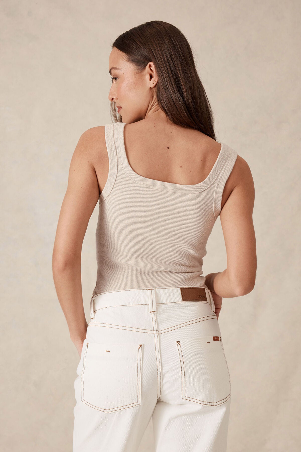 Ceres Zaeli Contour Rib Square Neck Tank Oatmeal Marle