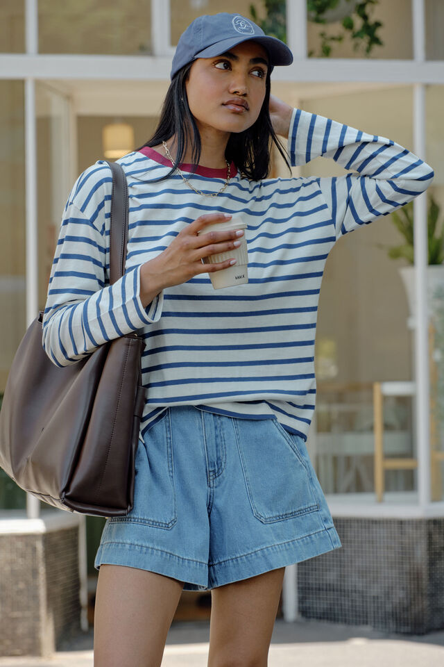 Ceres Life Scout Slouchy Long Sleeve Tee Milk Prussian Blue Stripe