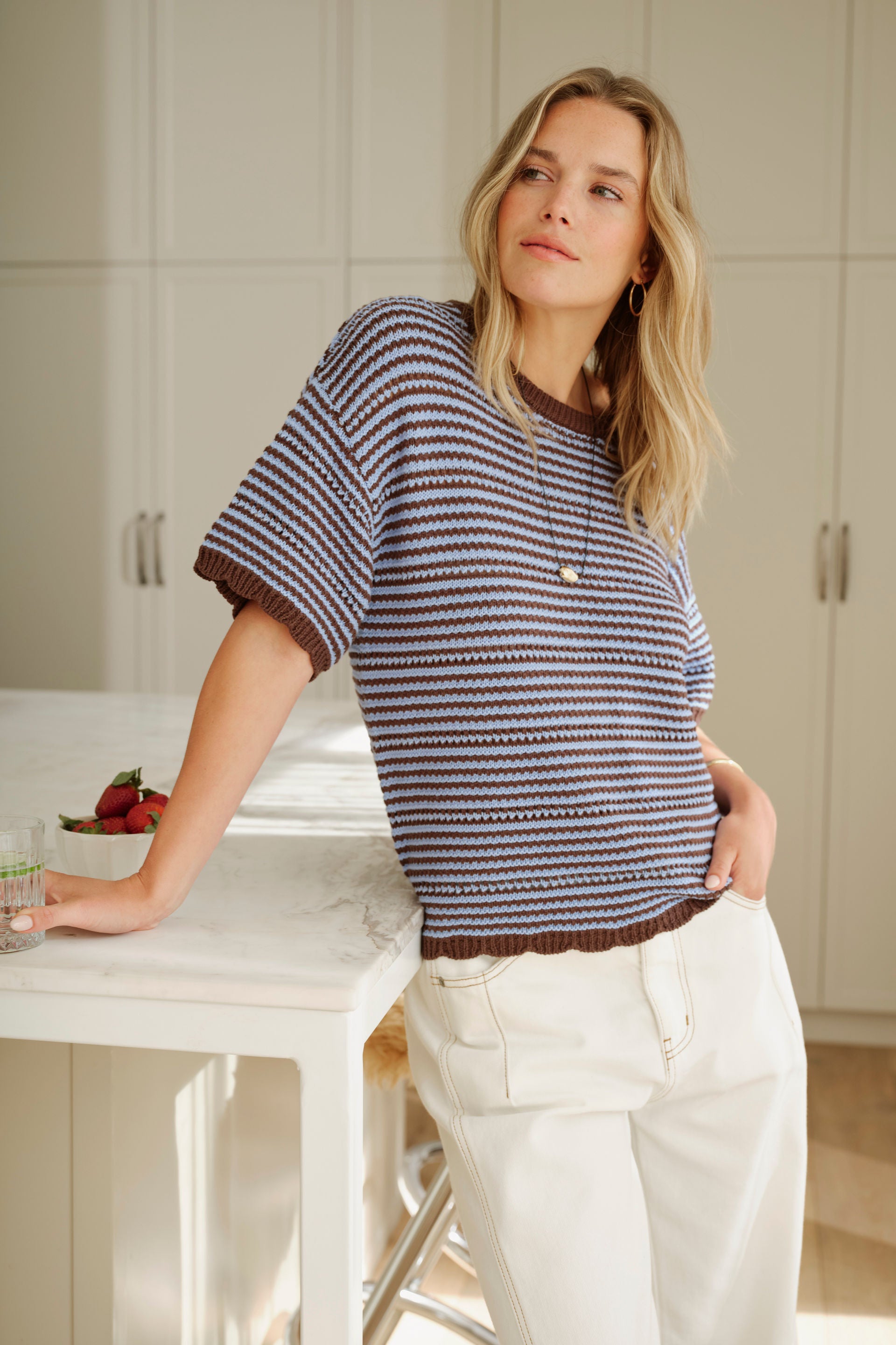 Ceres Life Nina Boxy Knit Tee Brunette Sky Blue