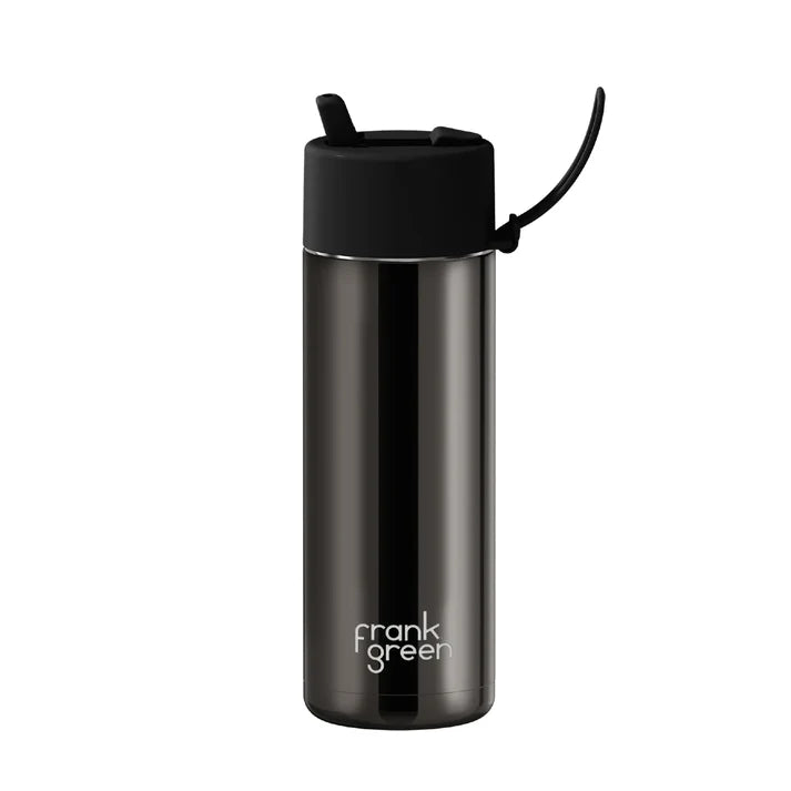 Frank Green Stainless Steel Ceramic Reusable Bottle Shadow Chrome With Flip Straw Lid 20oz/595ml