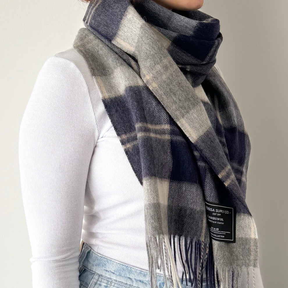 Scottish Tartan Lambswool Scarf Wide Silver