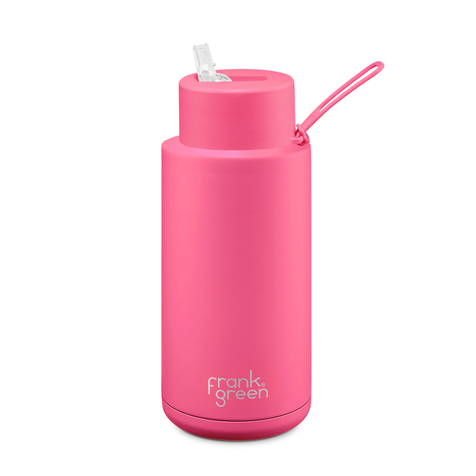 Frank Green Stainless Steel Ceramic Reusable Bottle Neon Pink With Straw And Strap 34oz/1,000ml