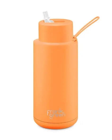 Frank Green Stainless Steel Ceramic Reusable Bottle Neon Orange With Flip Straw Lid And Strap 34oz/1 Ltr