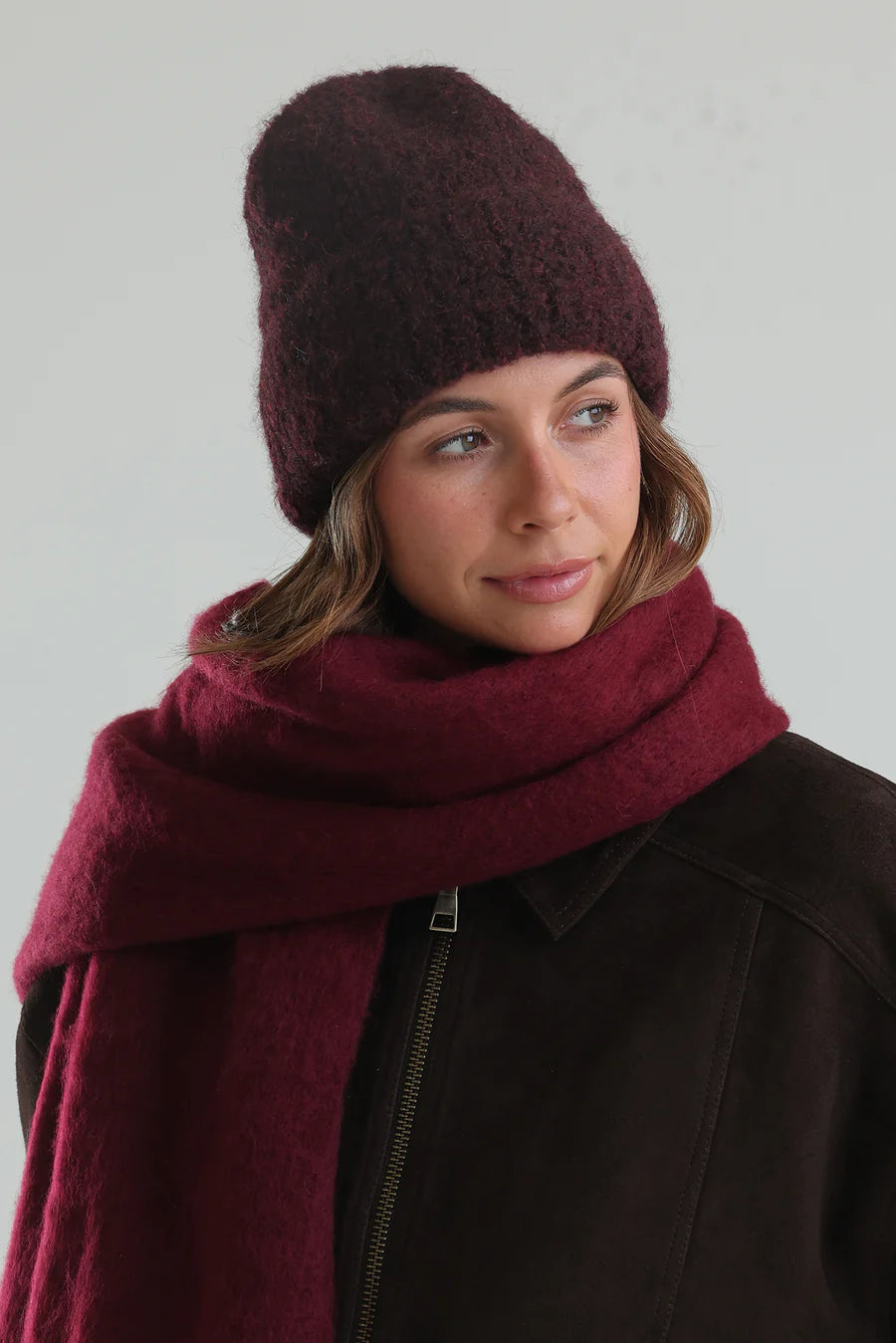 Morgan & Taylor Cream Freya Boucle Beanie in Burgundy