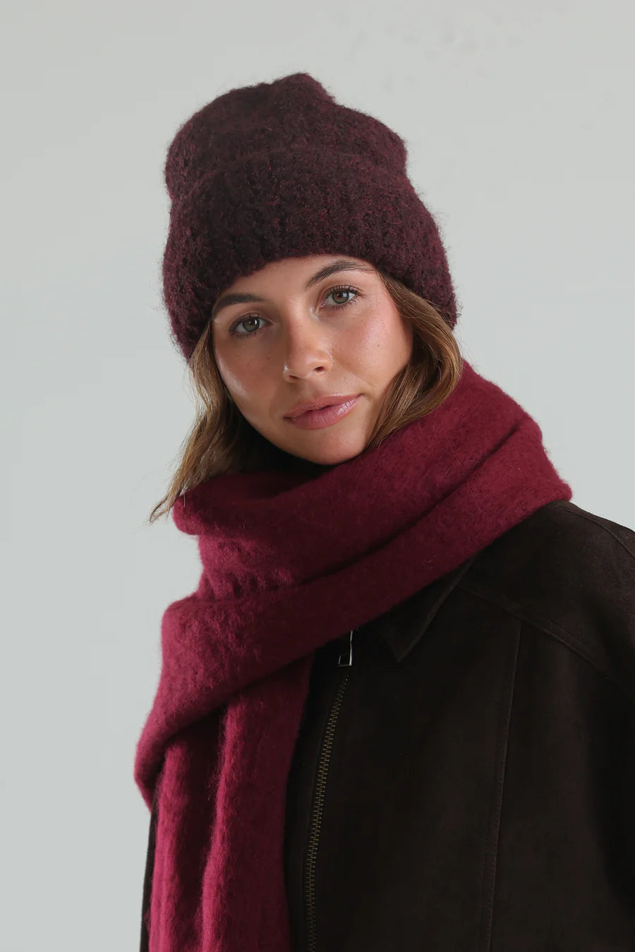 Morgan & Taylor Cream Freya Boucle Beanie in Burgundy