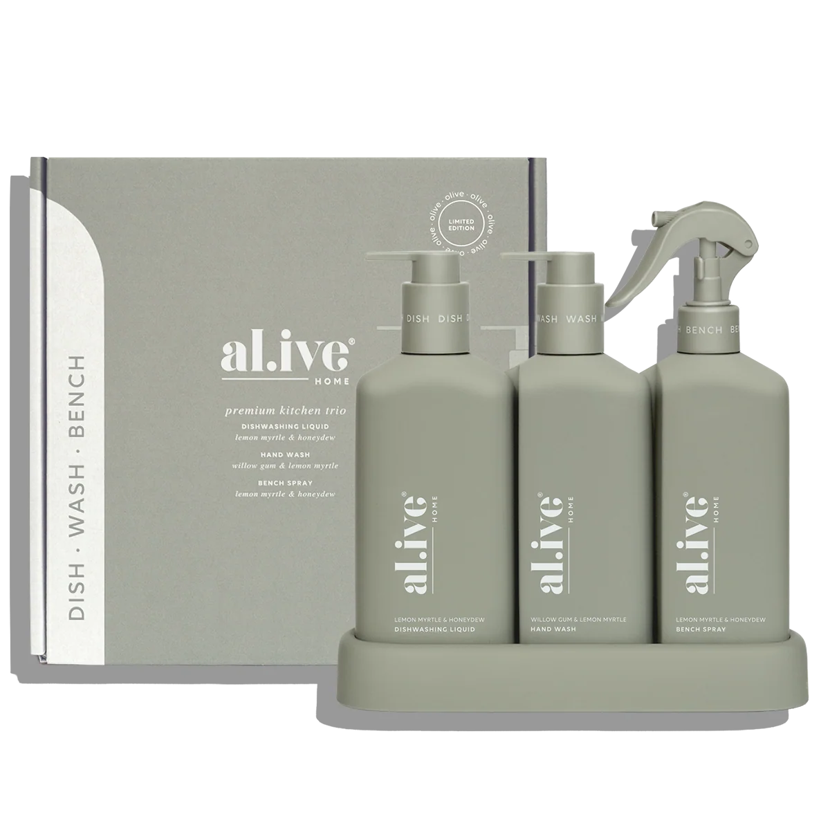 AL.IVE Kitchen Trio Dish Wash, Hand Wash & Bench Spray Lemon Myrtle & Honeydew and Willow Gum & Lemon Myrtle