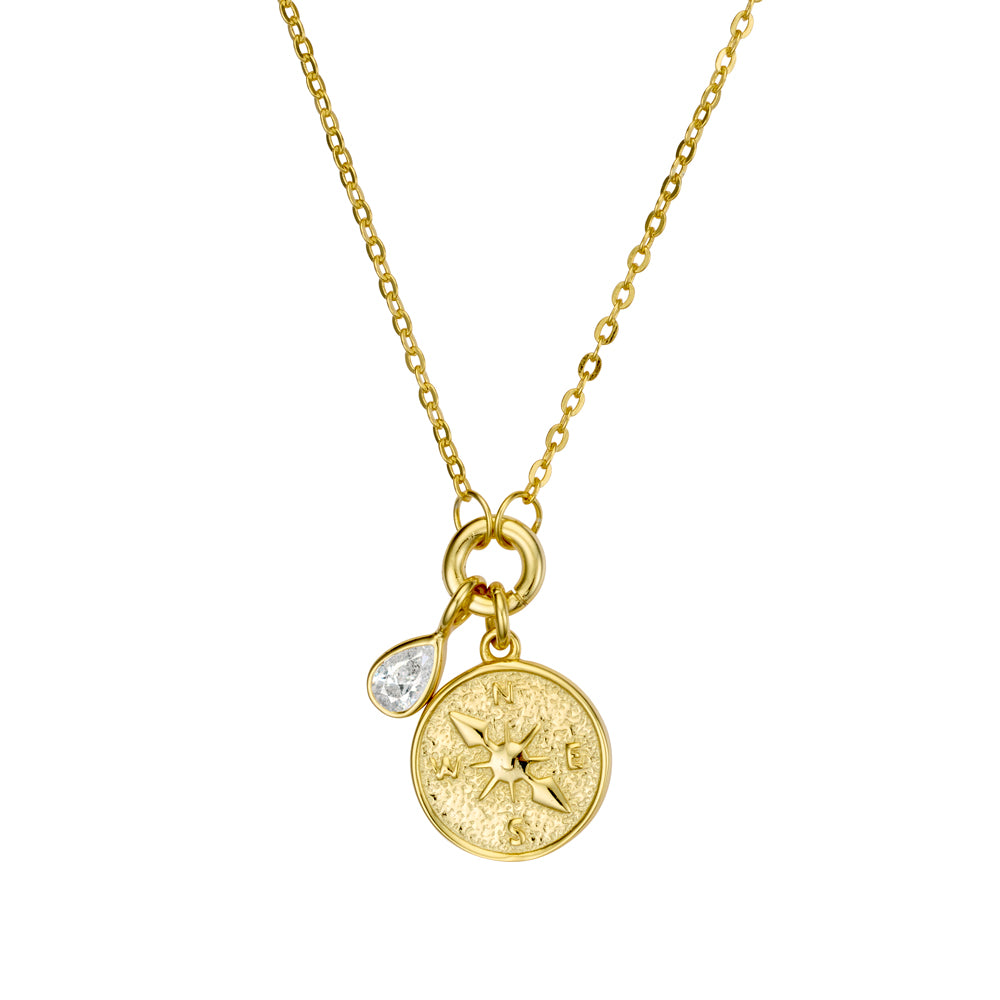 Sterling silver gold plated compass & teardrop CZ pendant necklace