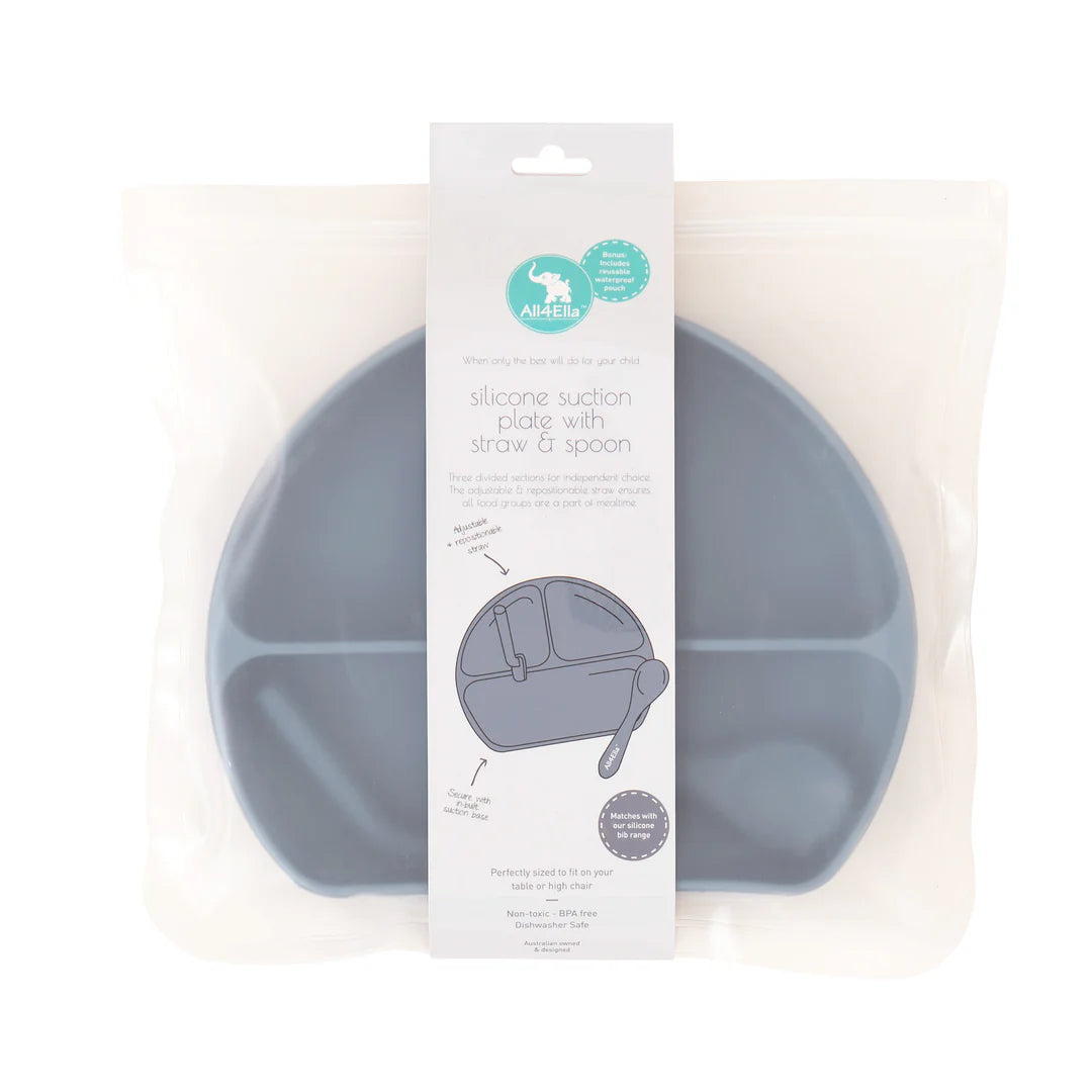 Silicone Plate With Straw & Spoon Slate Blue