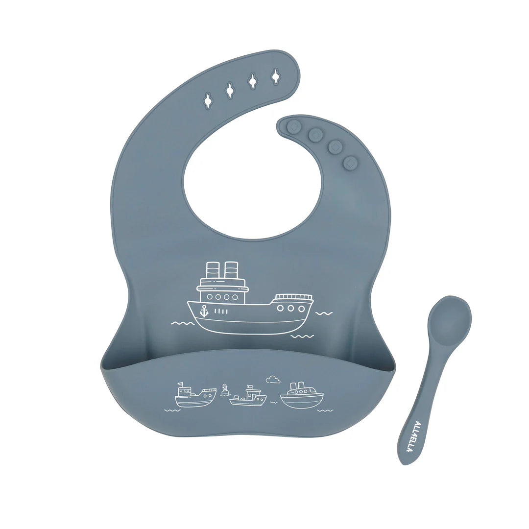 Silicone Bib With Spoon Boats Slate Blue