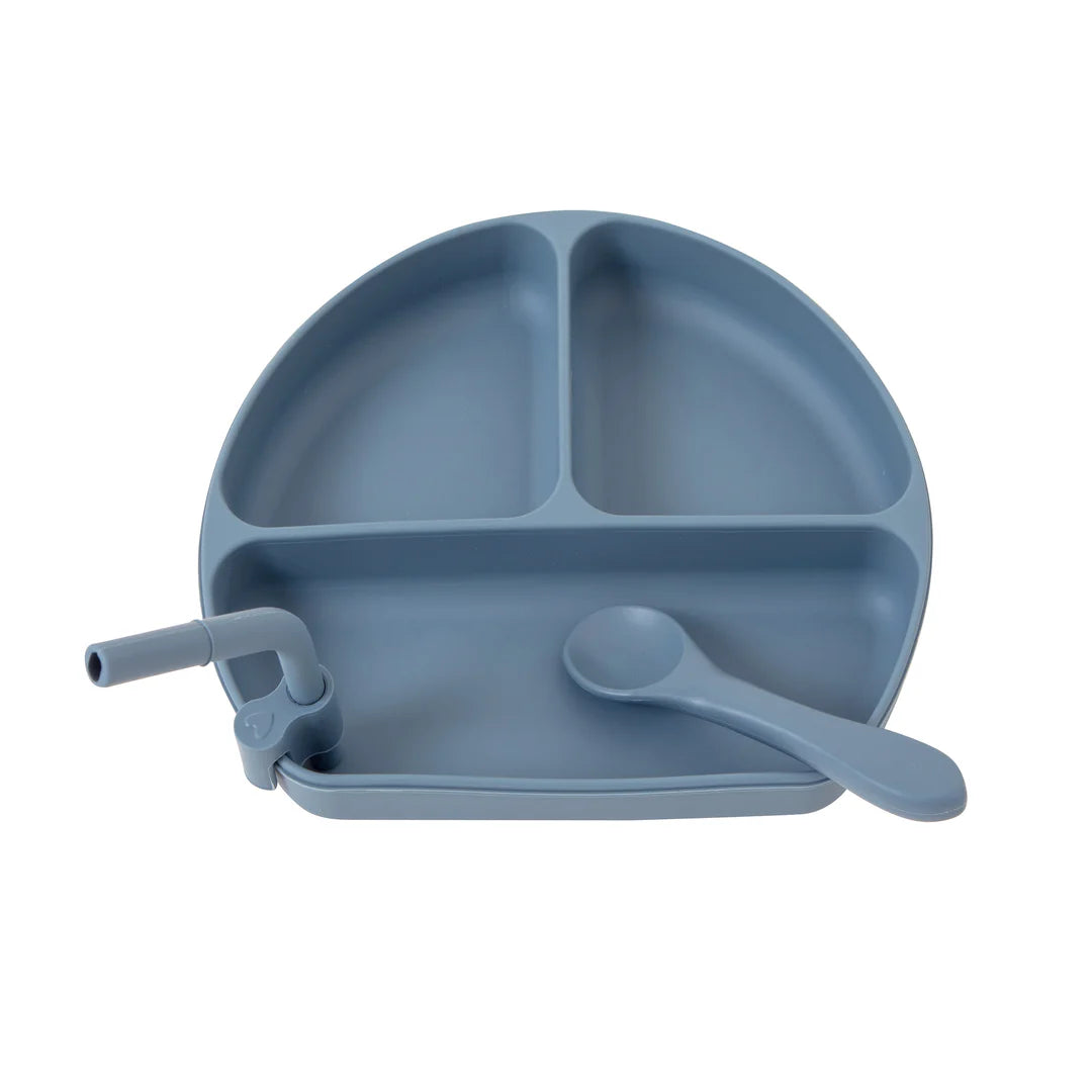 Silicone Plate With Straw & Spoon Slate Blue