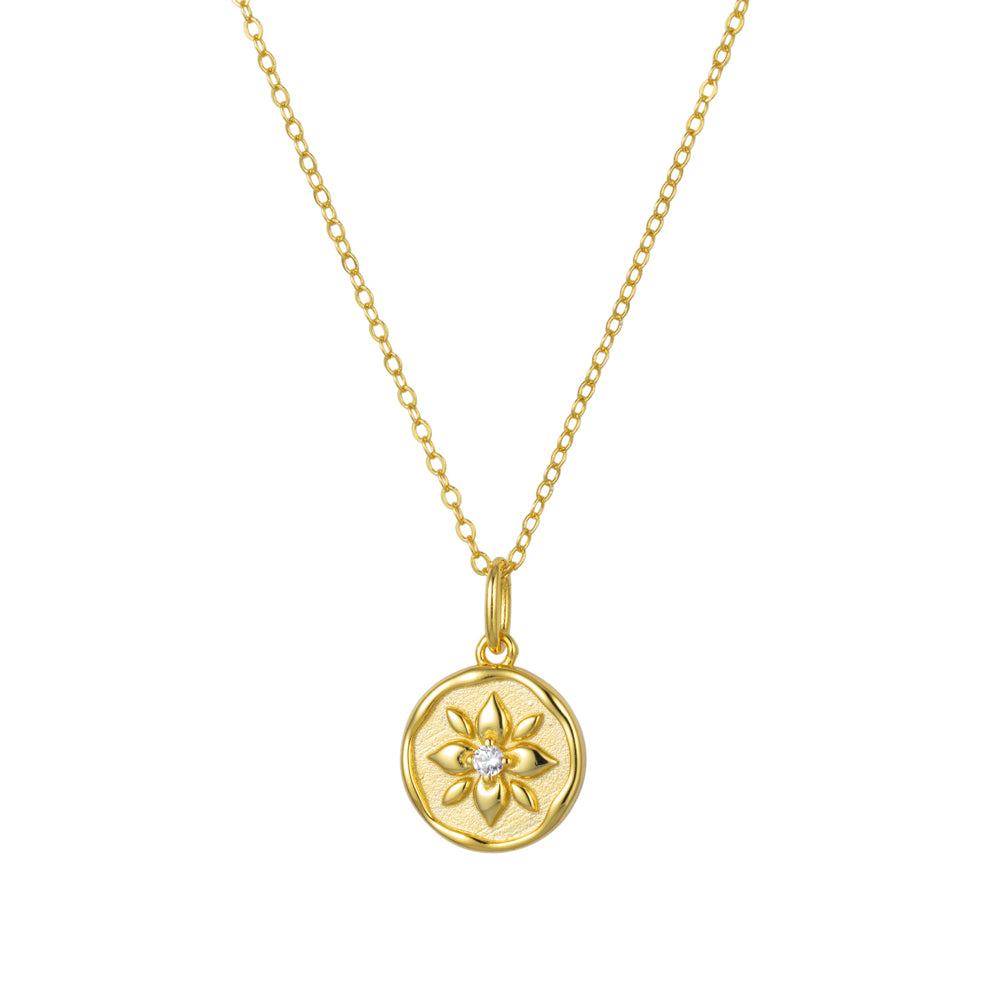 Sterling silver gold plated CZ flower disc pendant necklace