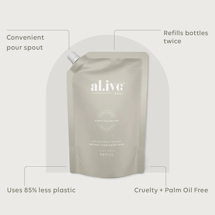 Al.ive Body Sea Cotton &amp; Coconut Natural Hand &amp; Body Wash Refill 1L