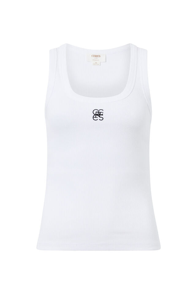 Ceres Contour Rib Scoop Tank White/Black Embroidery