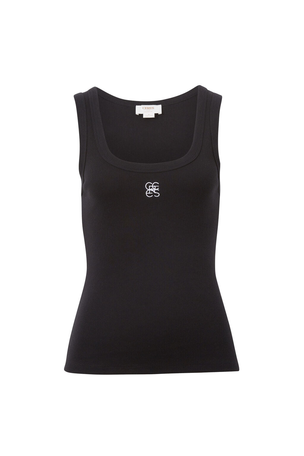 Ceres Contour Rib Scoop Tank Black/White Monogram Embroidery