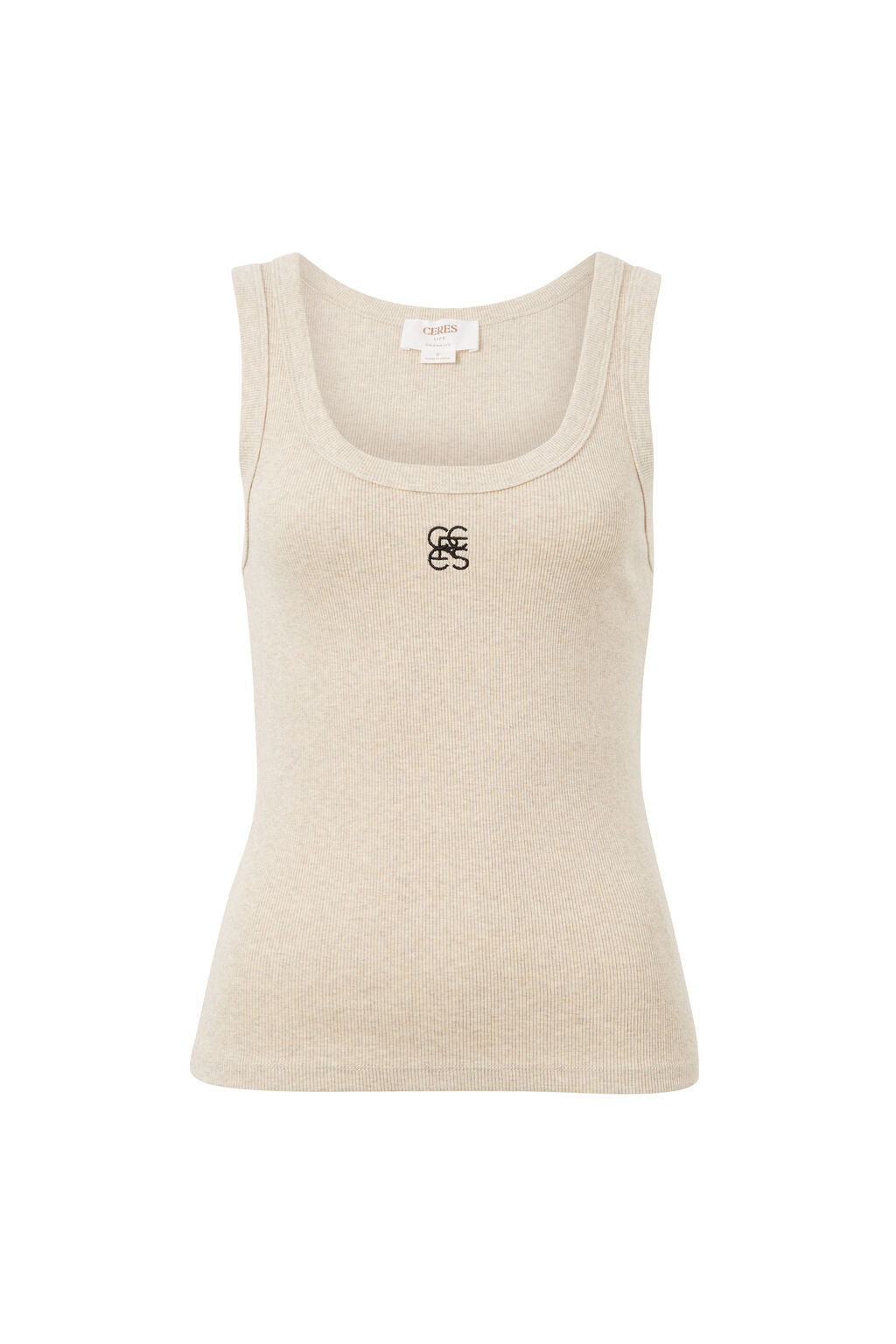 Ceres Contour Rib Scoop Tank Oatmeal/Black Monogram Embroidery