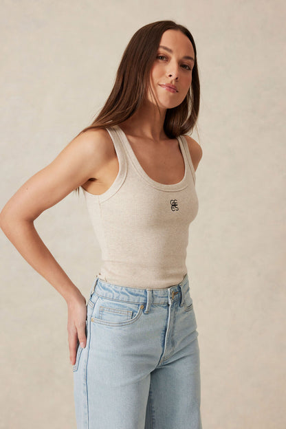 Ceres Contour Rib Scoop Tank Oatmeal/Black Monogram Embroidery