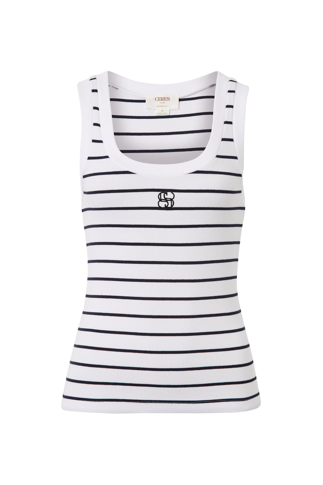 Ceres Contour Rib Scoop Tank White/Navy Monogram