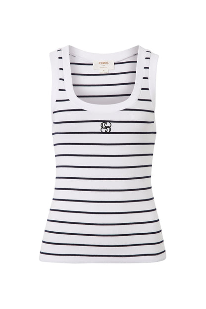 Ceres Contour Rib Scoop Tank White/Navy Monogram