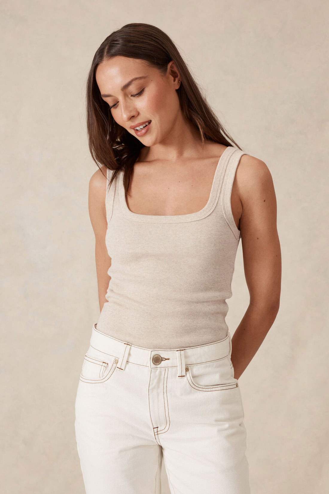 Ceres Zaeli Contour Rib Square Neck Tank Oatmeal Marle