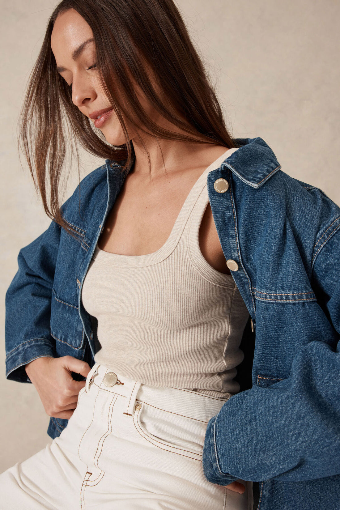 Ceres Zaeli Contour Rib Square Neck Tank Oatmeal Marle