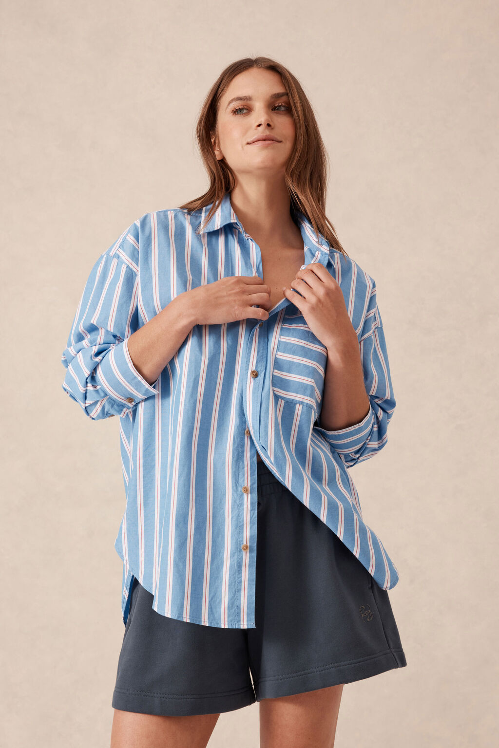 Oversized Shirt Blue White Red Stripe