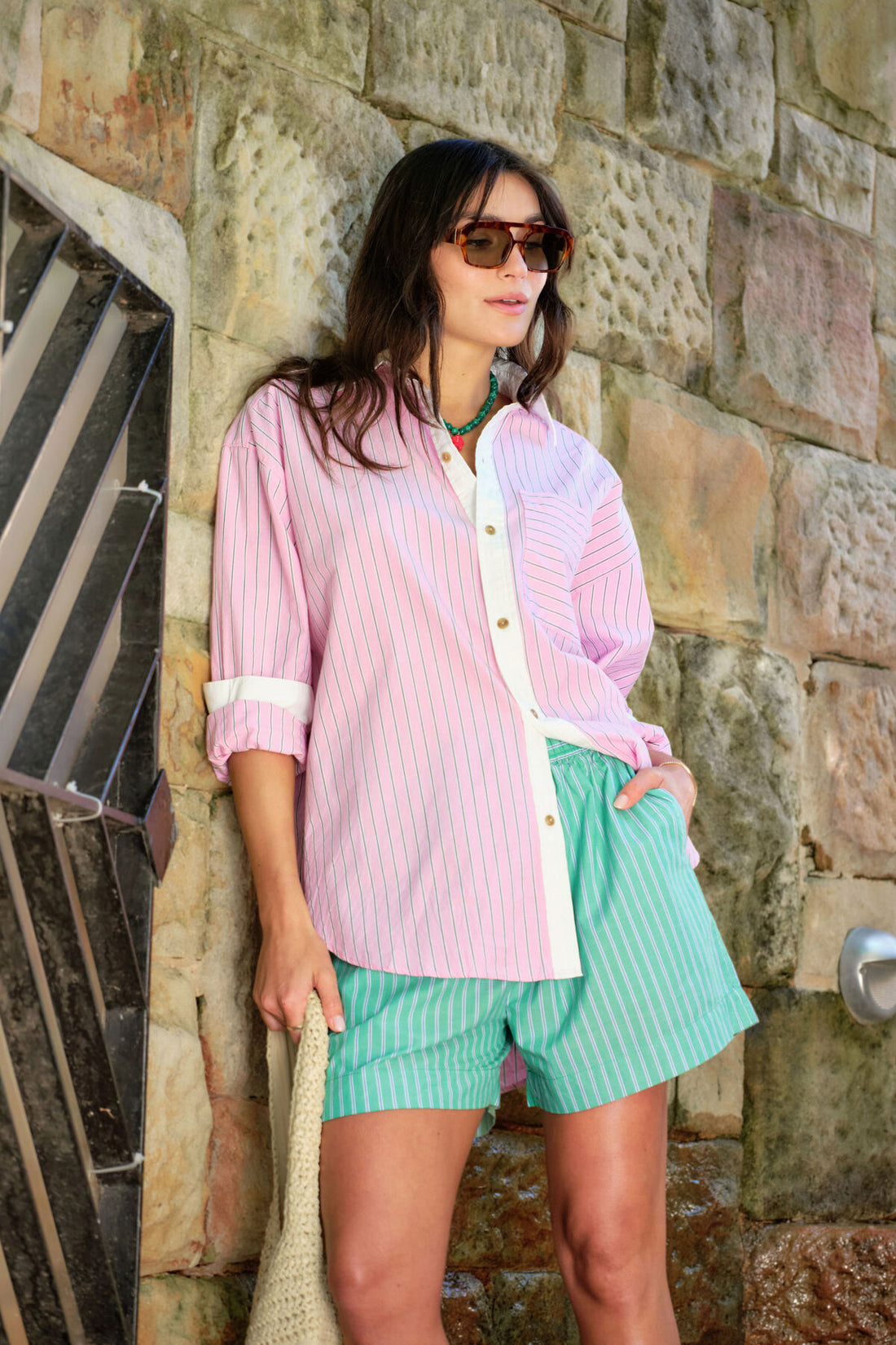 Ceres Peta Oversized Shirt/Hibiscus Pink Tripe Stripe