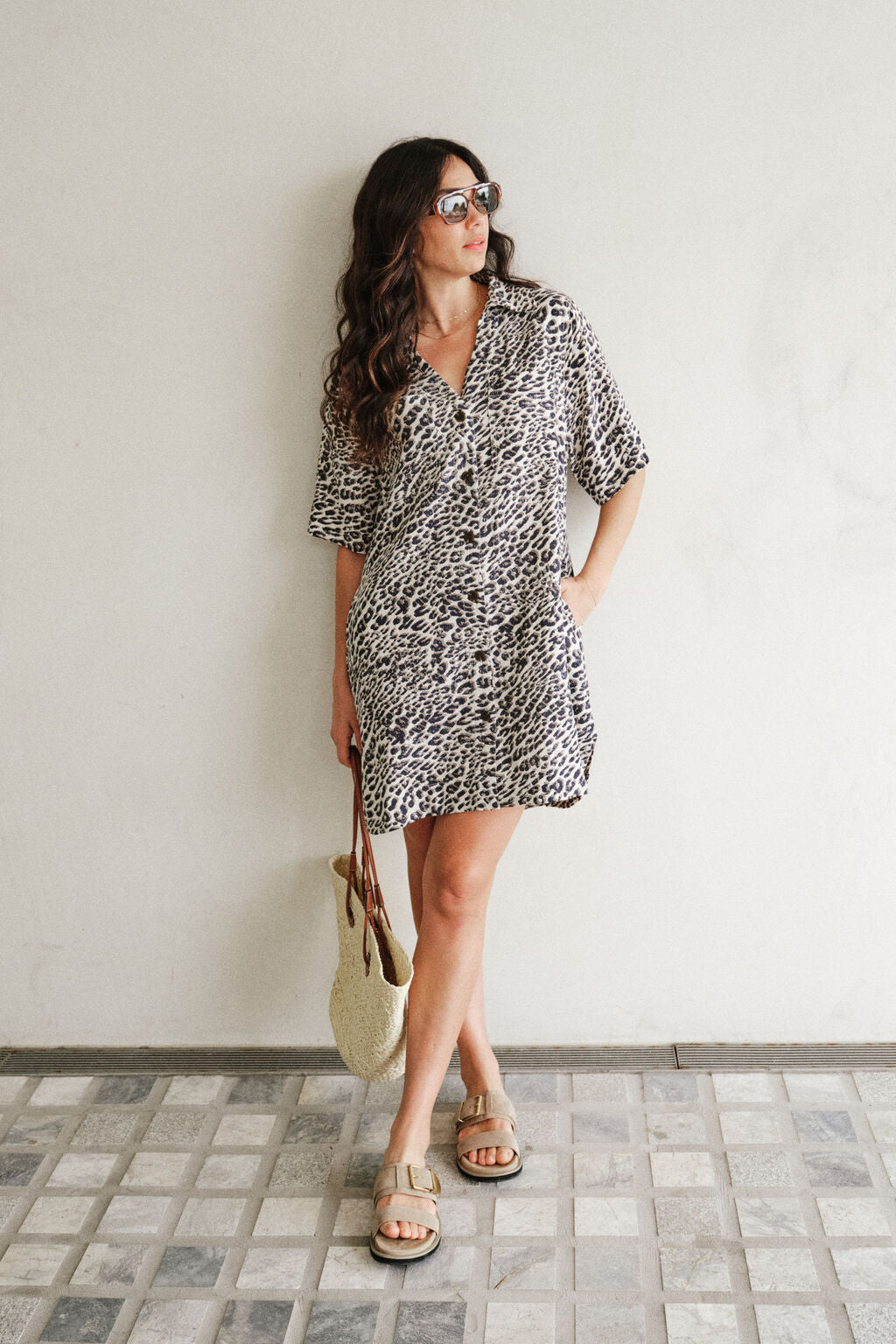 Ceres Boxy Shirt Dress/Leopard Linen Blend