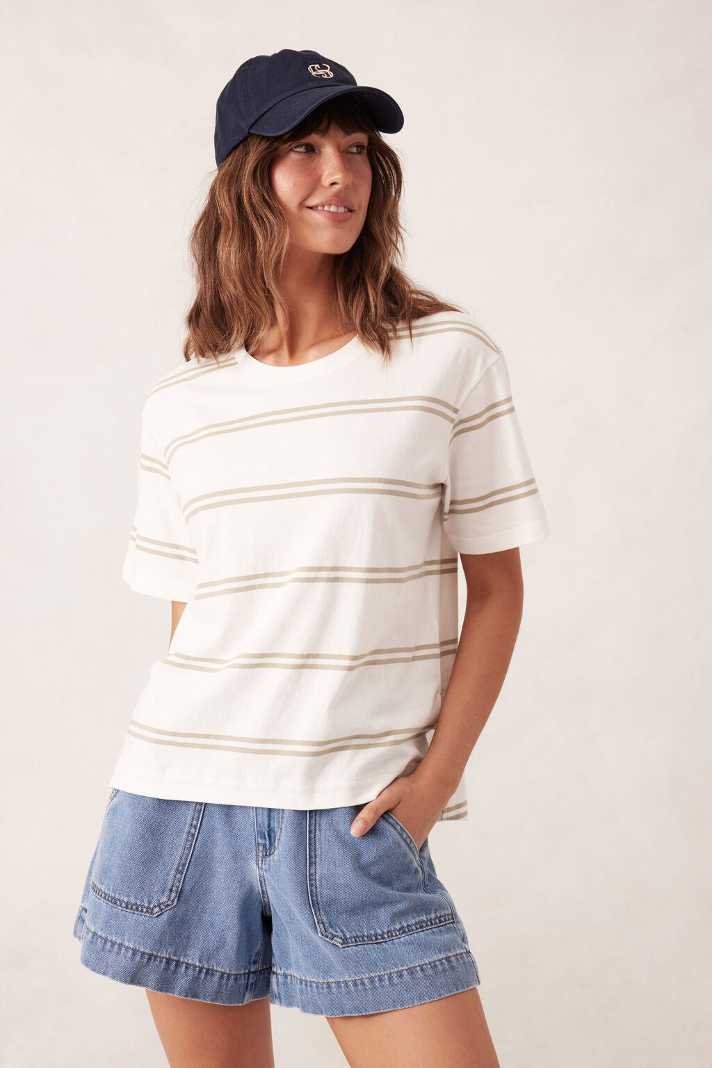 Ceres Slouchy Split Hem Tee/Vanilla/Matcha/Double Stripe