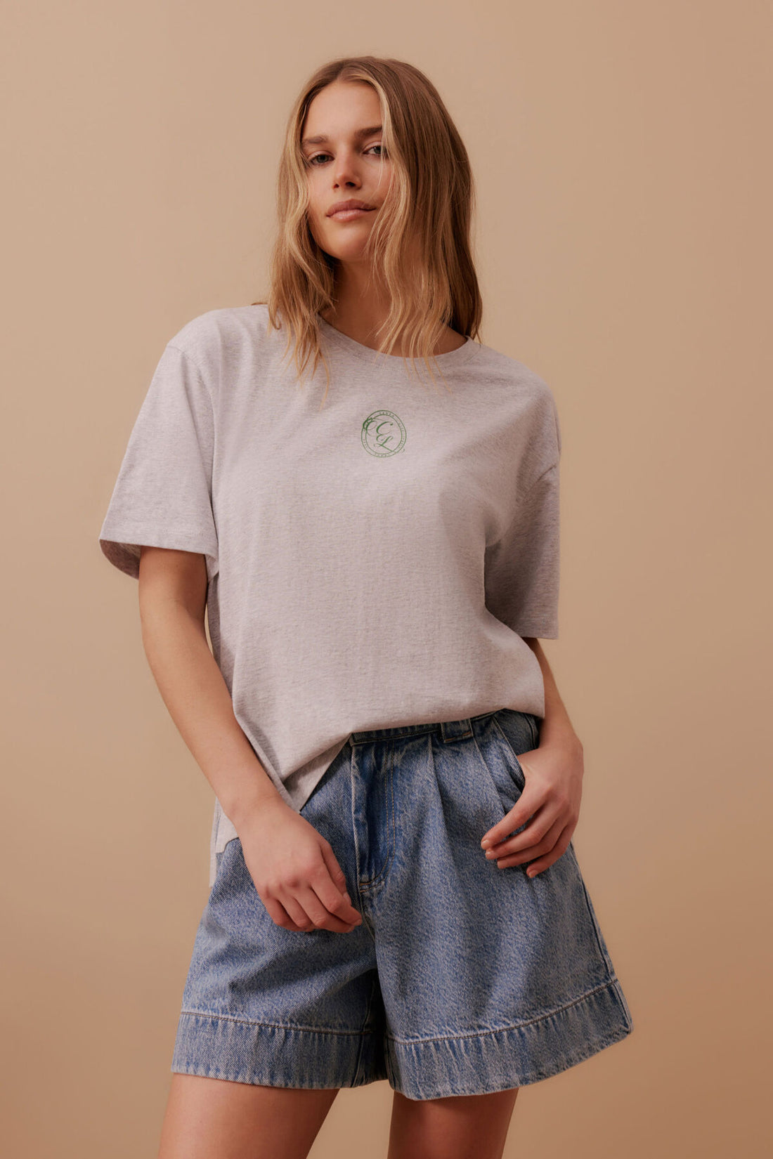 Ceres Stevie Slouchy Tee Cloud Marle/CL Crest Print