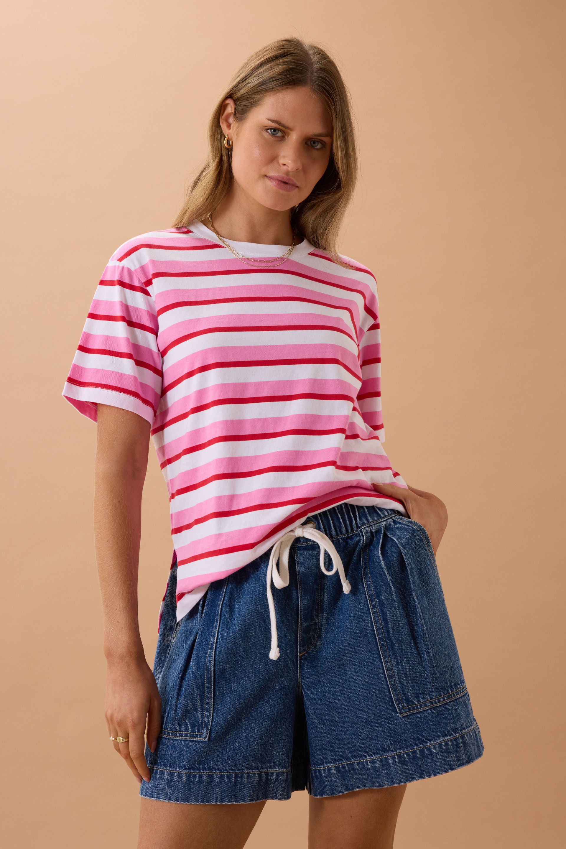 Ceres Stevie Slouchy Tee Hibiscus/Heritage Red Stripe