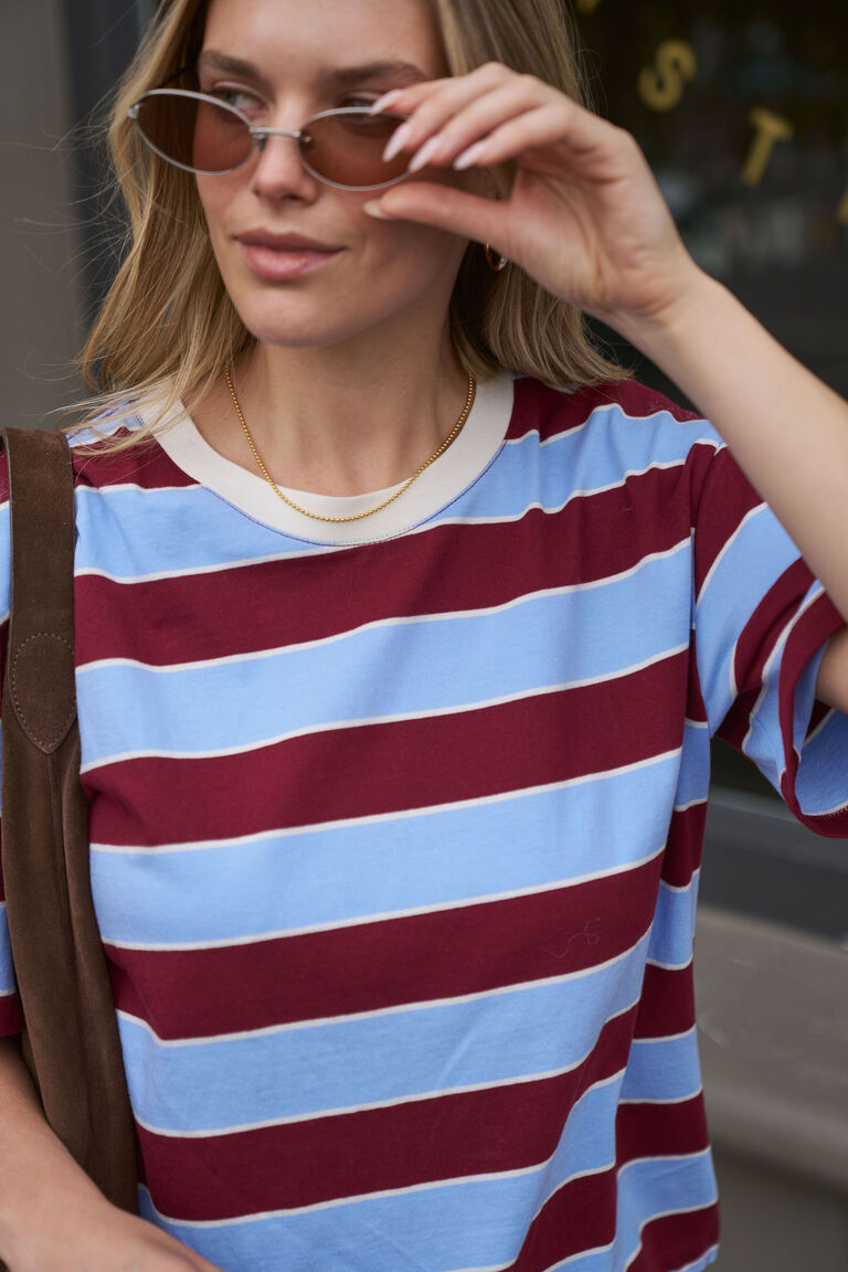 Ceres Life Stevie Slouchy Tee/ Burgundy/Sky Blue Stripe