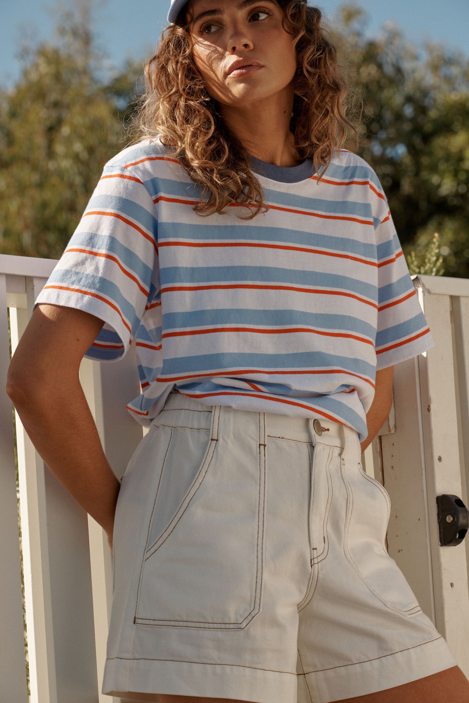 Ceres Life Stevie Slouchy Tee Sky Blue Flame Stripe