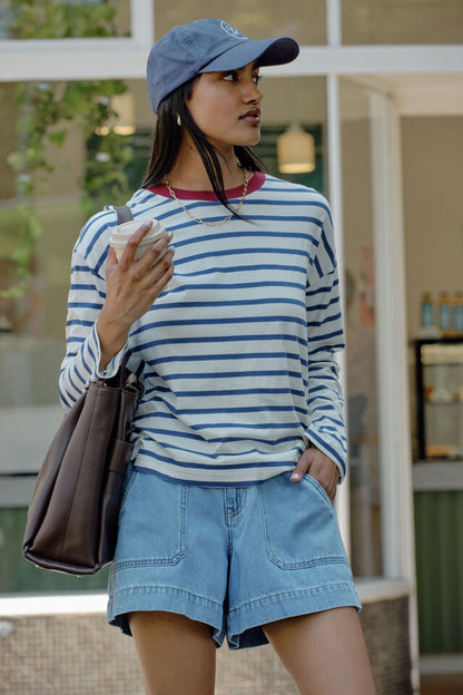 Ceres Life Scout Slouchy Long Sleeve Tee Milk Prussian Blue Stripe