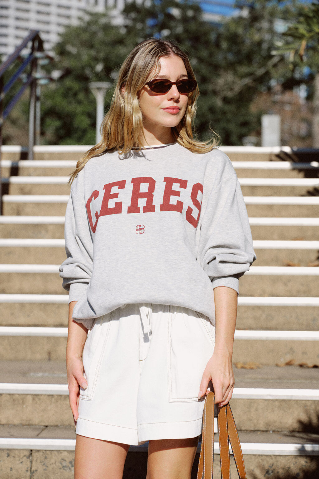 Ceres Oversized Slouchy Crew Grey Marle Heritage Logo