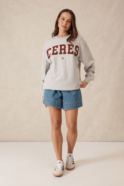 Ceres Oversized Slouchy Crew Grey Marle Heritage Logo