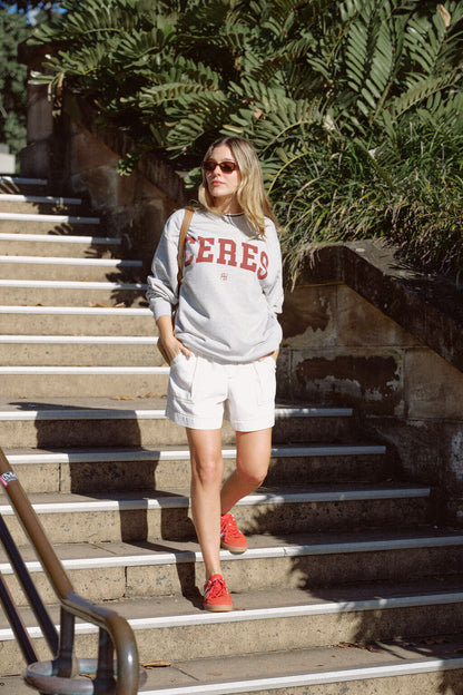 Ceres Oversized Slouchy Crew Grey Marle Heritage Logo