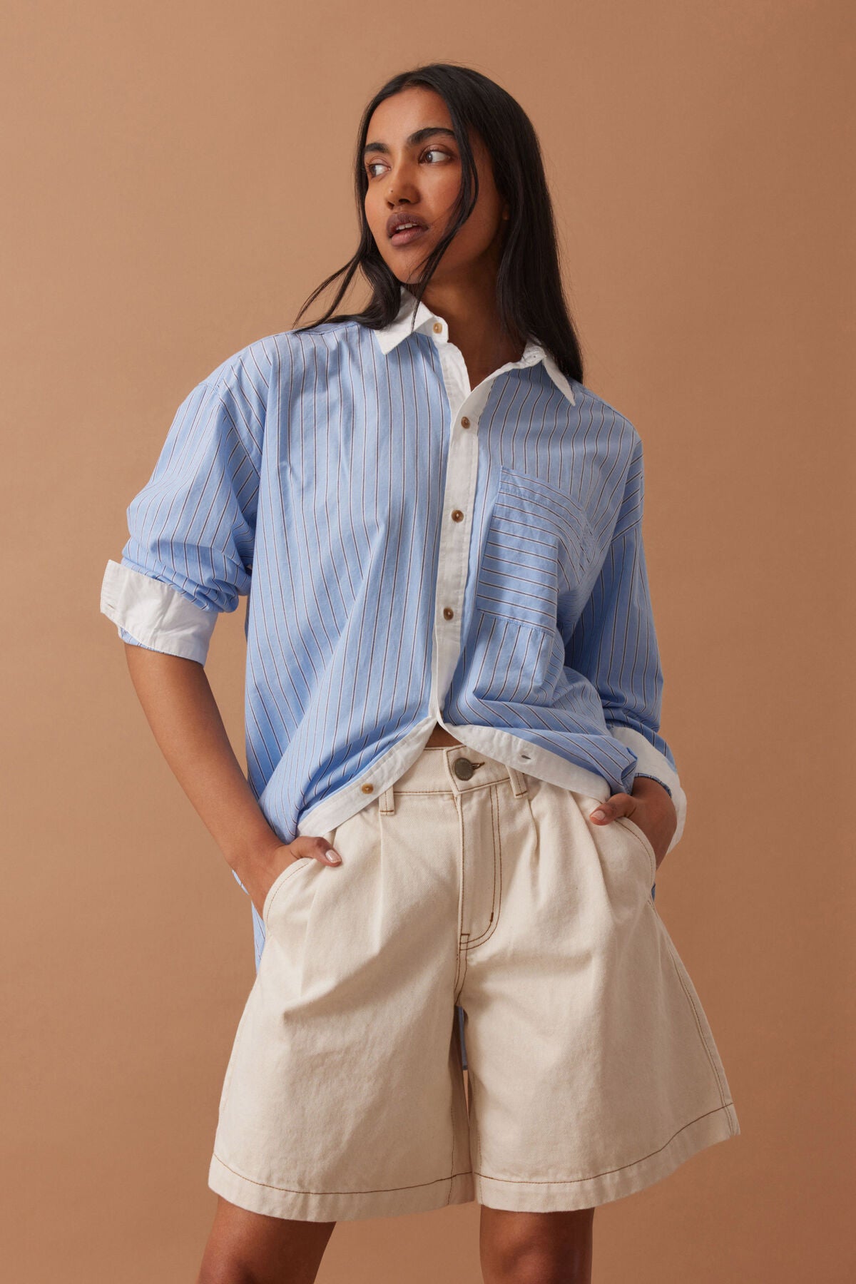 Ceres Sylvie Longline Pleat Denim Short Natural Ecru