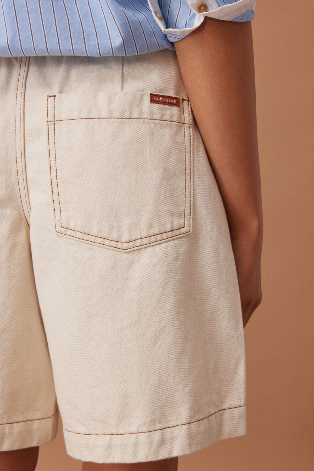 Ceres Sylvie Longline Pleat Denim Short Natural Ecru