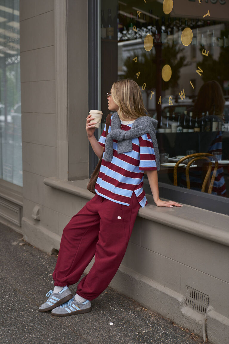 Ceres Life Bowie Barrel Leg Track Pants Burgundy Contrast Buff