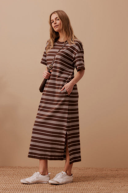 Ceres Charlotte Midi Terry Dress Chocolate White Stripe