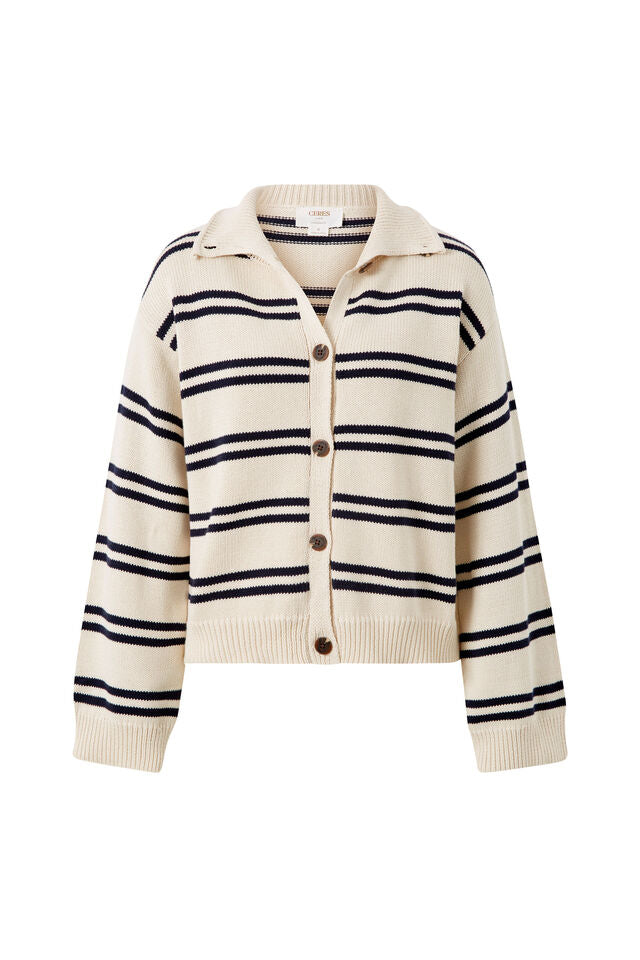 Ceres Funnel Neck Stripe Cardigan Ecru/Navy Stripe