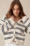 Ceres Funnel Neck Stripe Cardigan Ecru/Navy Stripe