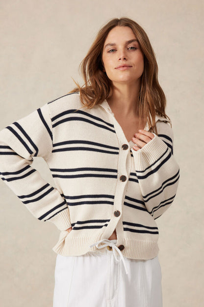 Ceres Funnel Neck Stripe Cardigan Ecru/Navy Stripe