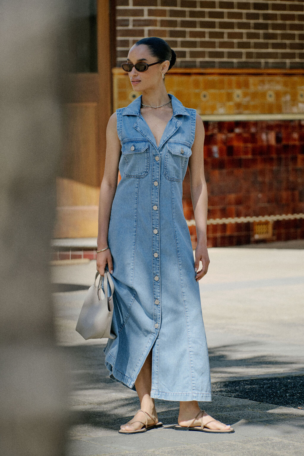 Sleeveless Panelled Midi Shirt Dress Vintage Blue