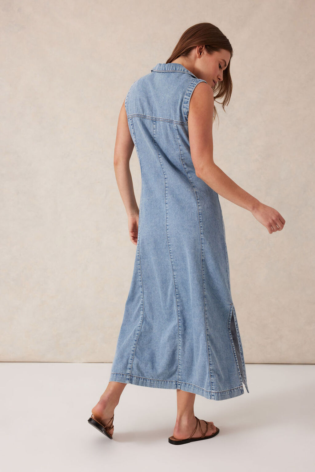 Sleeveless Panelled Midi Shirt Dress Vintage Blue