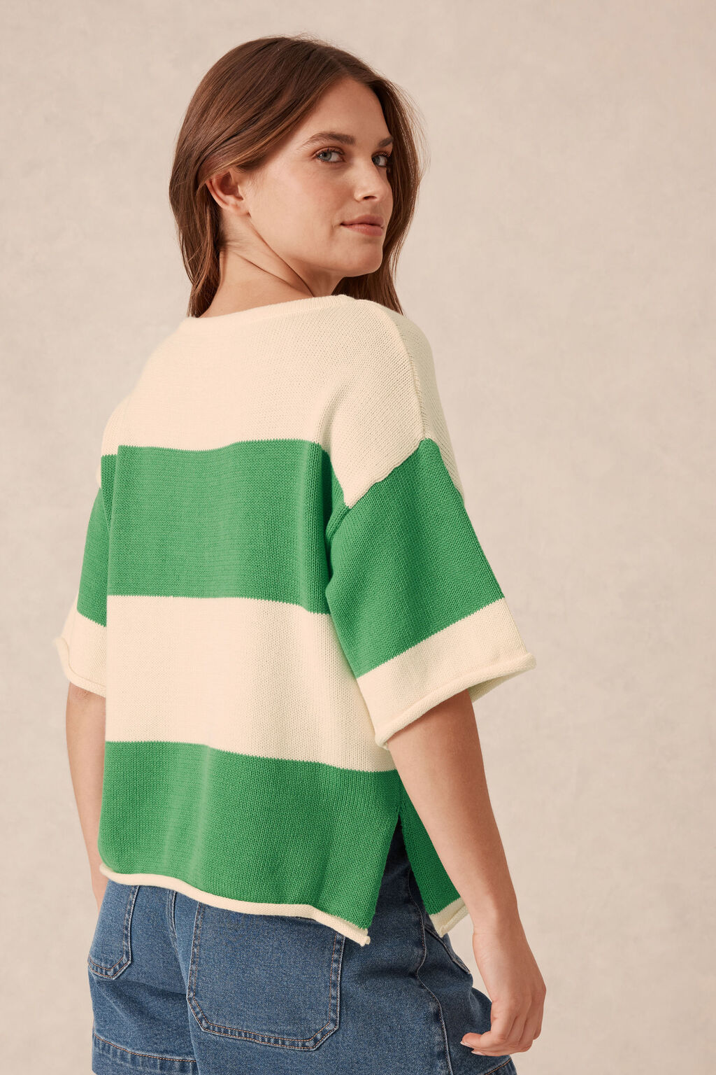 Ceres Boxy Knit Tee Grass/Eggshell Bold Stripe