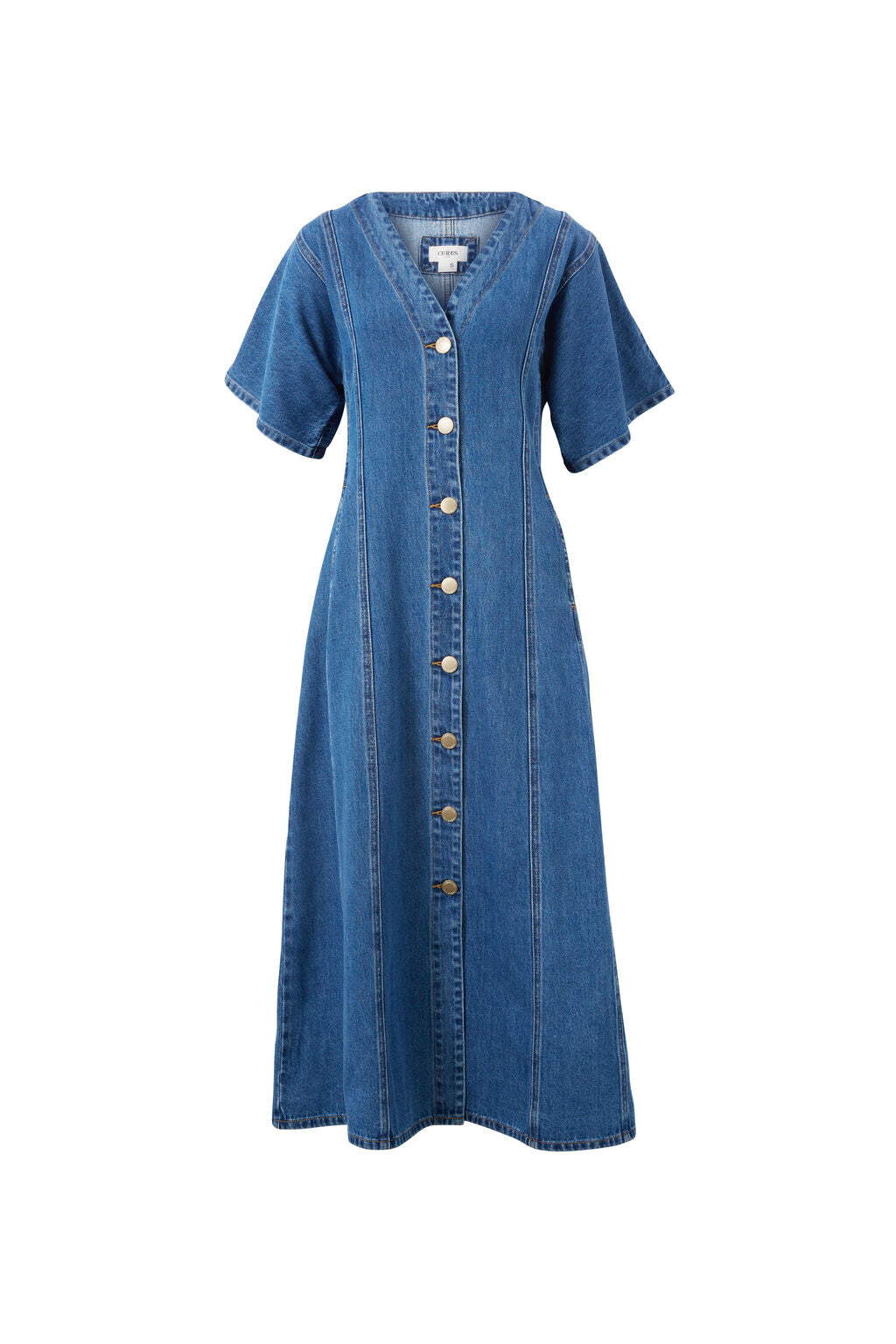 Short Sleeved Panelled V-Neck Midi D/Fresh Indigo