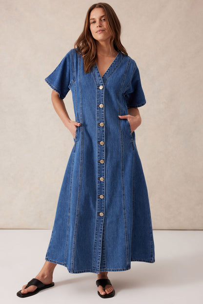 Short Sleeved Panelled V-Neck Midi D/Fresh Indigo