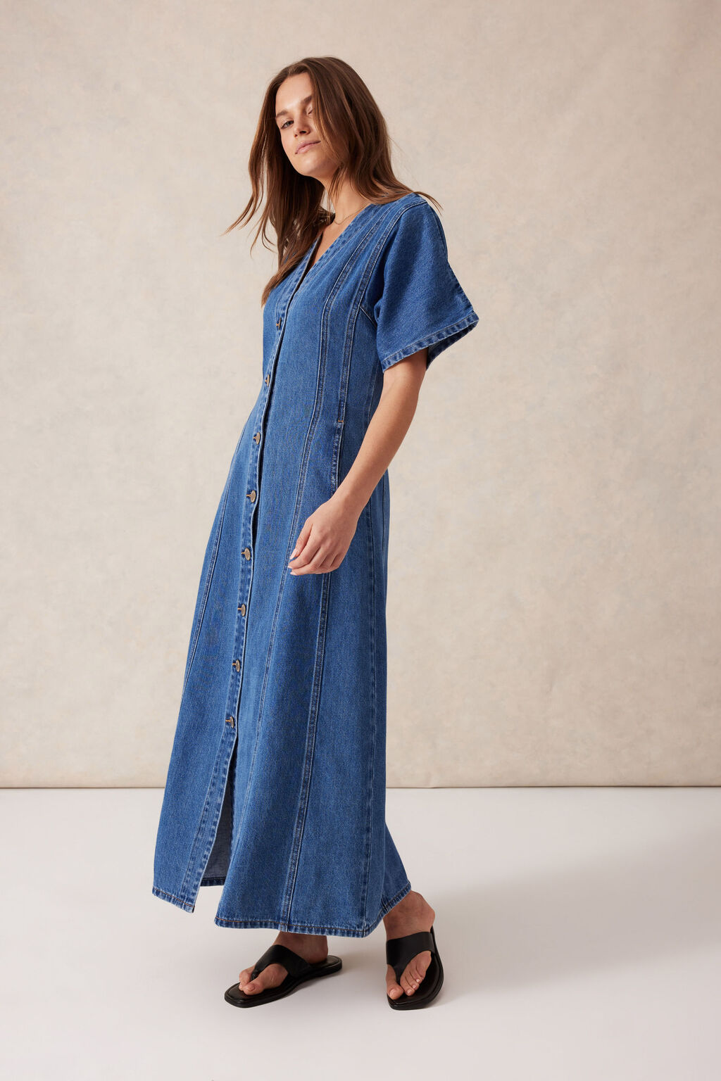 Short Sleeved Panelled V-Neck Midi D/Fresh Indigo