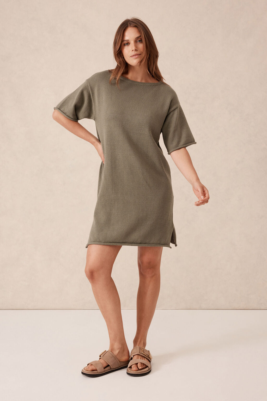 Short Sleeve Box Knit Dress Moss Green